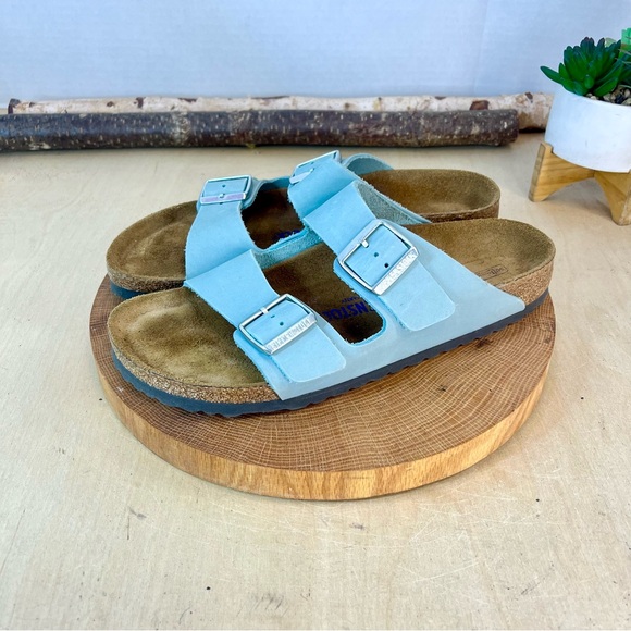 Birkenstock Shoes - Birkenstock Arizona Nubuck Leather Sandals – Stone Blue, Soft Footbed Size 42N